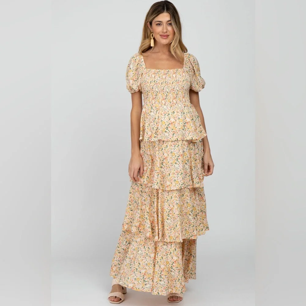 NWHT SOLD OUT PINKBLUSH Yellow Floral Square Neck Ruffle Layered Maternity Maxi - Picture 4 of 11